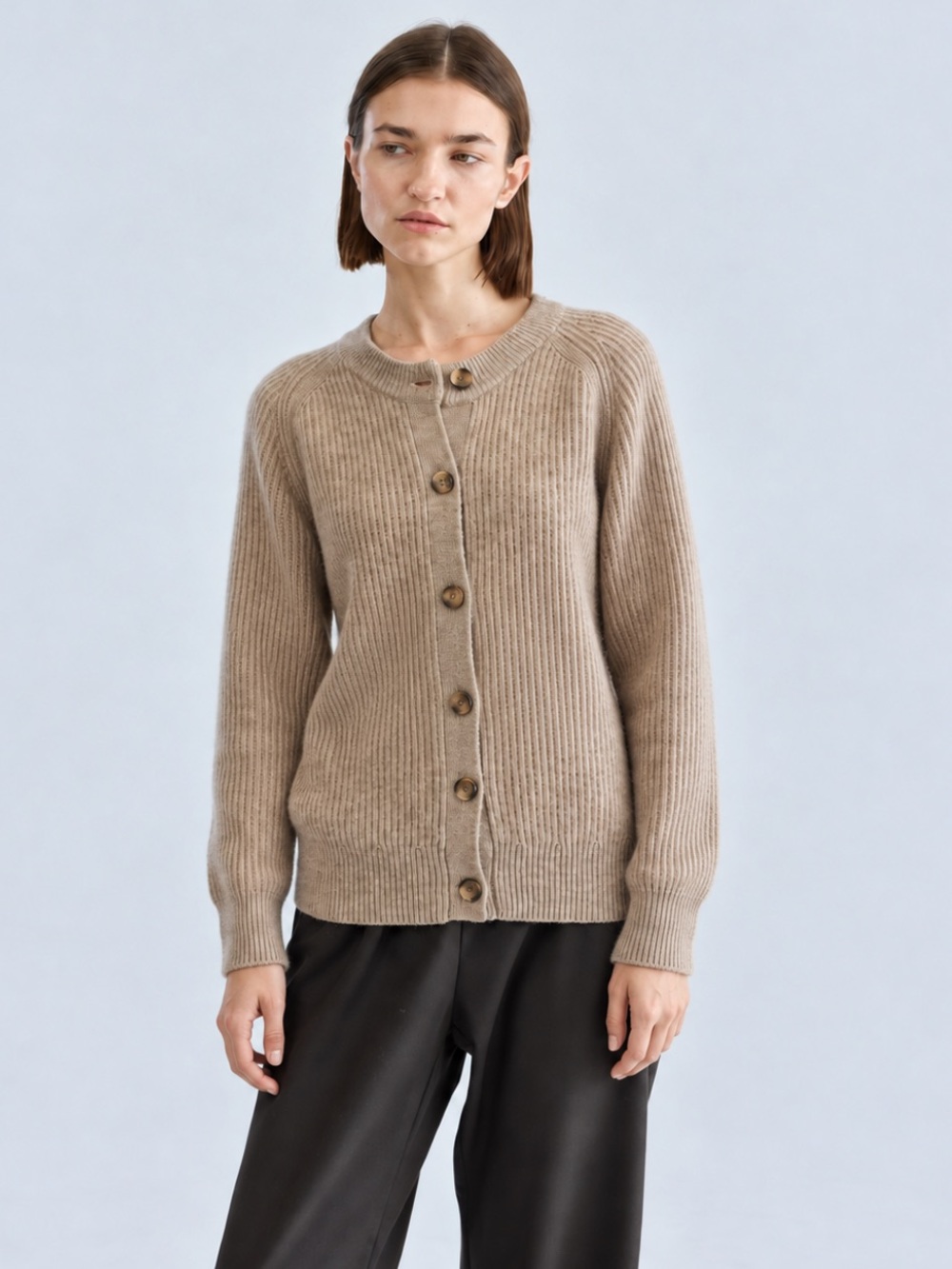Almina Concept 100% Merino Wool Ribbed Cropped Cardigan Oatmeal S NWT